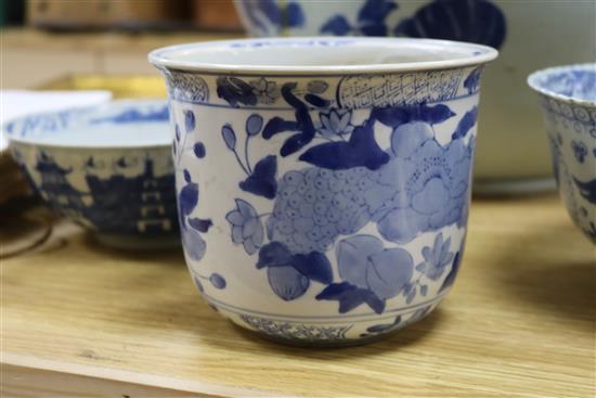 A 19th century Chinese blue and white punch bowl, Diameter 35cm. and three other bowls (a.f.)